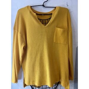 Waffle Knit V Neck Long Sleeve Top Mustard Yellow Size L